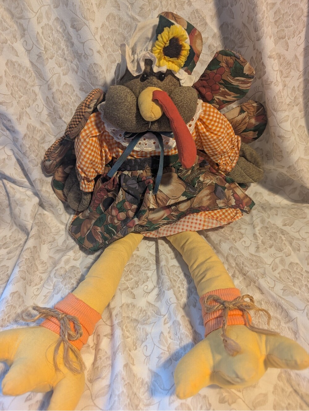 Vintage Style Turkey Plush Stuffed Animal with Sunflower Hat